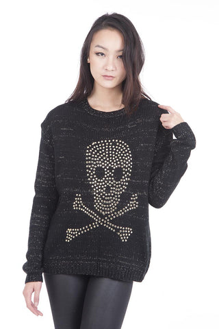 Knitted Stud Skull Jumper-Beige-S/M - UK (8-10)