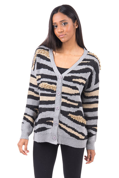 Geometric Design Knitted Button Up Cardigan-Grey-S/M - UK (8-10)
