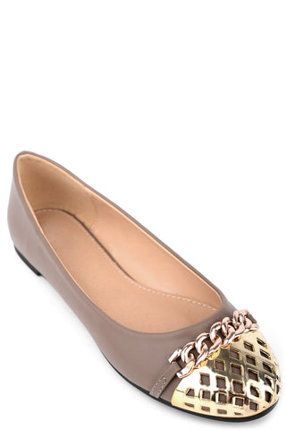 Faux Leather Pumps With Golden Chain And Cap Toe Detail-Taupe-UK 5 - EU 38