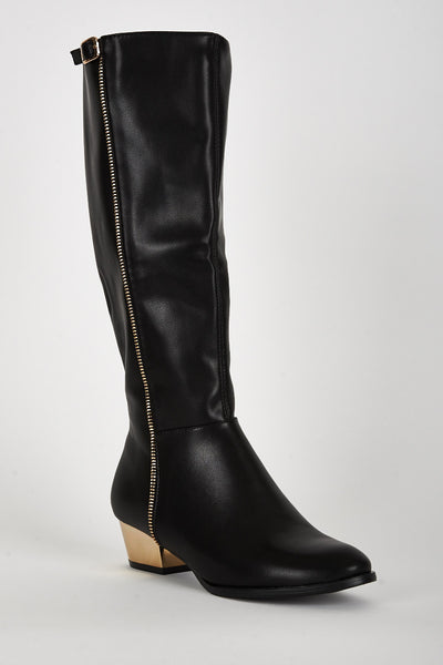 Leatherette Look Gold Coloured Heel Long Boots-Black-UK 6 - EU 39