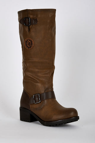 Leatherette Low Heel Long Boots -Brown-UK 6 - EU 39
