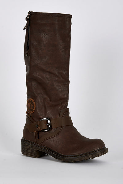 Buckle Detail Rounded Toe Calf Boots In Brown-Brown-UK 4 - EU 37