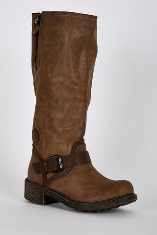 Two Tone Buckle Detail Rounded Toe Calf Boots-Brown-UK 5 - EU 38