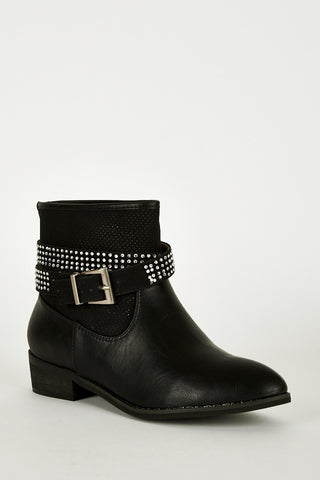 Double Strap With Diamante Detail Ankle Boots-Black-UK 8 - EU 41