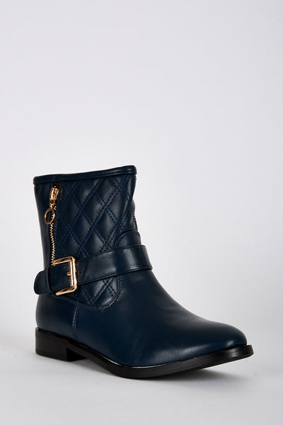 Quilted Design Buckle Detail Boots-Blue -UK 3 - EU 36