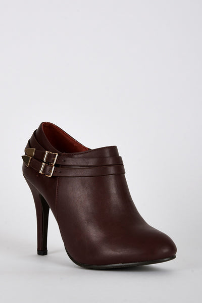 Leatherette Double Strap High Heel Ankle Boots -Burgundy-UK 8 - EU 41