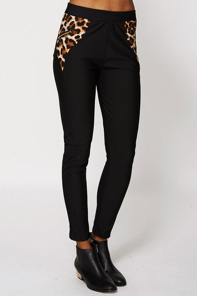 Stretchy Animal Print Panelled Jeggings -Black-XL/XXL