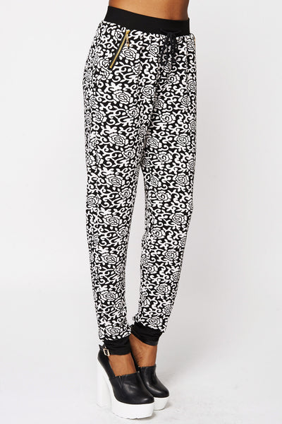 Floral Print Monochrome Joggers-Black-One Size - UK (6-12)