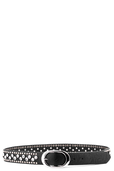 Black Faux Leather Belt With Diamantes And Studs-Black-Length - 85cm