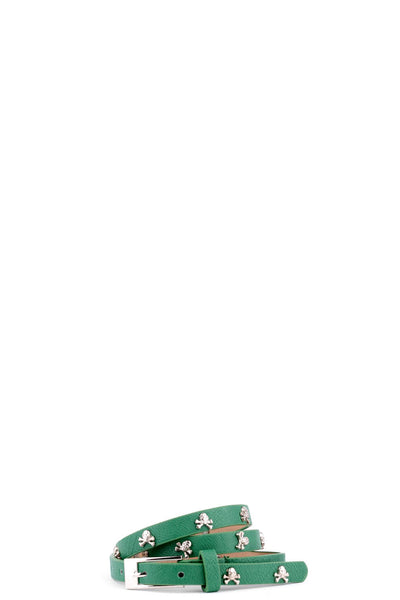 Skull And Crossbones Skinny Faux Leather Belt-Green-Length - 90cm