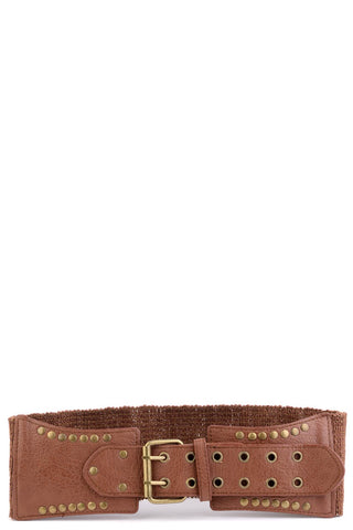 Elasticated Belt With Studded Faux Leather Front-Light Tan-Length - 65cm