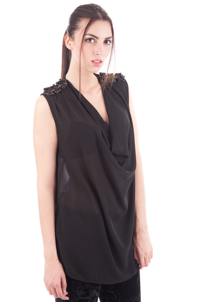 Draped Neckline Top With Beaded Flower Detail.-Black-One Size