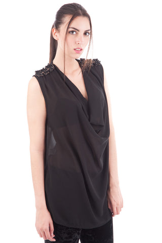 Draped Neckline Top With Beaded Flower Detail.-Black-One Size