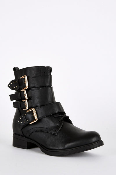 Strap Buckle Lace Up Detail Biker Boots-Black-UK 8 - EU 41