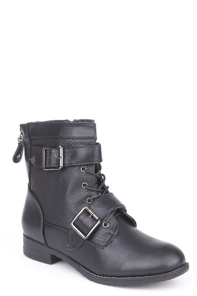 Lace Up Double Buckle Combat Boots-Coffee-UK 6 - EU 39