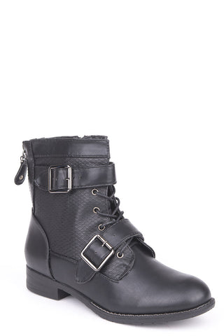 Lace Up Double Buckle Combat Boots-Coffee-UK 6 - EU 39