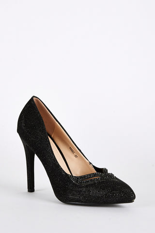 Black Diamante Embellished Sparkly Court Shoes-Black-UK 6 - EU 39