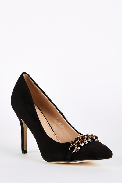Faux Suede Court Shoes with Chain Detail-Blue -UK 8 - EU 41