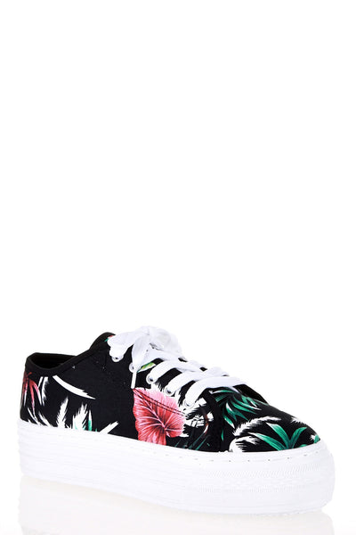 Hawaiian Print Lace Up Platform Plimsoll-Black-UK 5 - EU 38