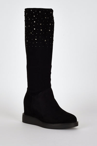 Black Suedette Diamante Detail Hidden Wedge Boots-Black-UK 8 - EU 41