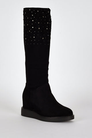 Black Suedette Diamante Detail Hidden Wedge Boots-Black-UK 8 - EU 41