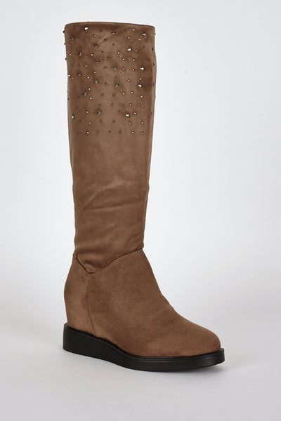 Brown Suedette Diamante Detail Hidden Wedge Boots-Brown-UK 8 - EU 41