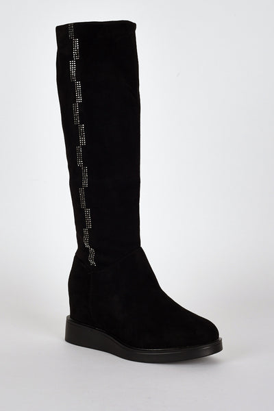 Diamante Side Detail Hidden Wedge Fitted Boots-Black-UK 8 - EU 41
