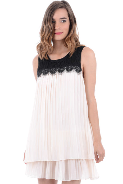 Pleated Chiffon Dress with Black Lace Detail -Dusty Pink-S/M - UK (8-10)