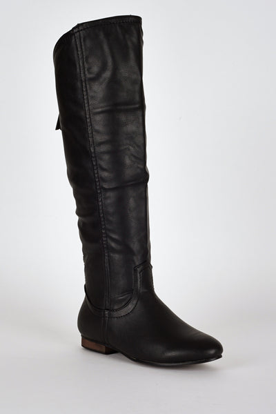 Black Leatherette Rounded Trim Knee Boots-Black-UK 6 - EU 39