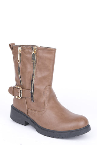 Zip and Buckle Detail Biker Boots-Light Brown-UK 3 - EU 36