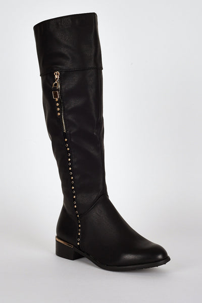 Leatherette Rivet Details Long Boots-Black-UK 4 - EU 37