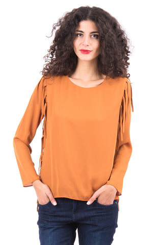 Chiffon Top With Tassel Detail-Mustard-Large - UK (12-14)