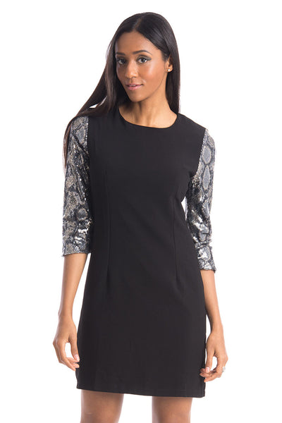 Fitted Dress with Sequined 3/4 Sleeves-Cream-M/L - UK (12-14)