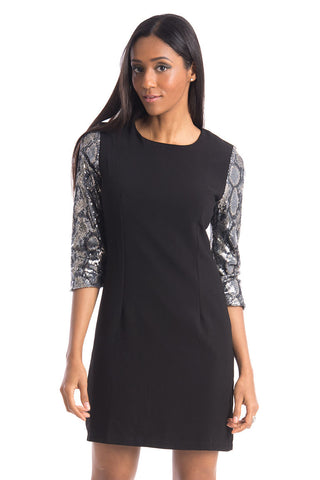 Fitted Dress with Sequined 3/4 Sleeves-Cream-M/L - UK (12-14)