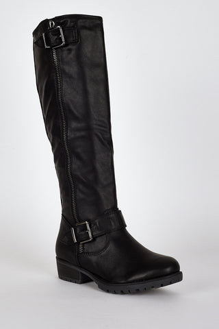 Black Buckle And Zip Detail Long Boots-Black-UK 4 - EU 37