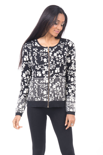 Floral Zip Cardigan With Glittery Detail -Charcoal-One Size - UK (8-12)