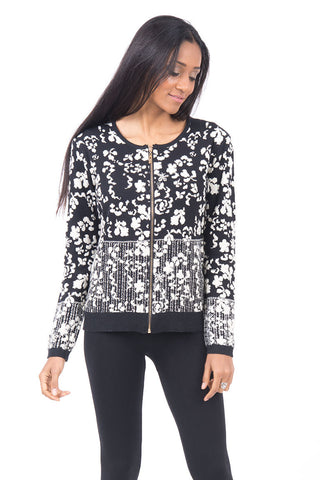 Floral Zip Cardigan With Glittery Detail -Charcoal-One Size - UK (8-12)