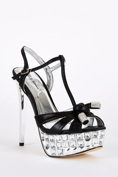 Black and Silver Stiletto Heel Platform T-Bar Sandal-Black-UK 7 - EU 40