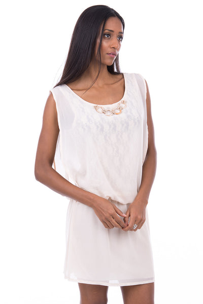 Elegant Chiffon Dress With Lace Under layer -Beige-One Size - UK (8-12)