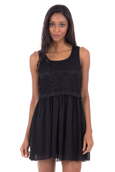 Layered Chiffon Lace Dress-Black-Medium - UK (10-12)