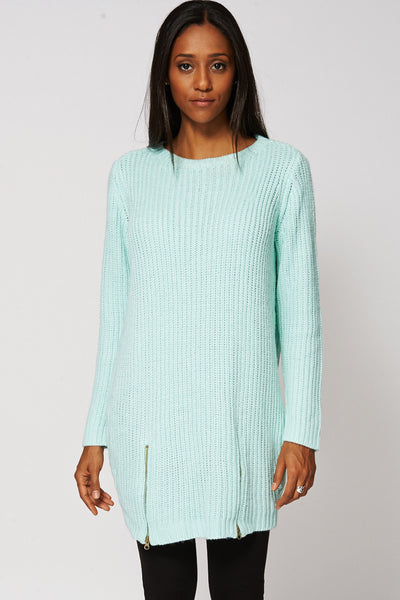 Baggy Zip Hem Knitted Jumper Dress -Green-XS