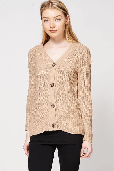 Button Up Rib Knit Sweater Ex-Branded-Beige-XXL