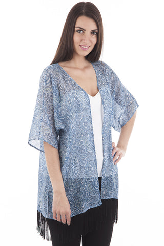 Blue Paisley Print Kimono With Tassels-Blue-S/M - UK (8-10)