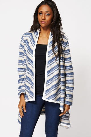 Multi-Coloured Stripe Asymmetric Hem Open Cardigan-Blue -18