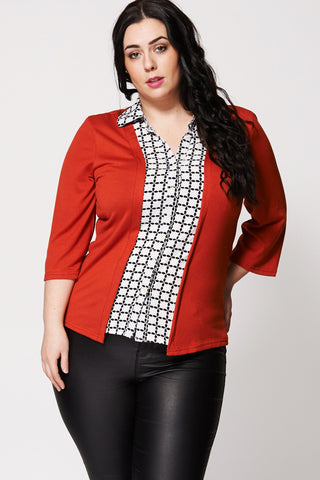 Patterned Front Shirt And Cardigan Two-In-One -Orange-26/28