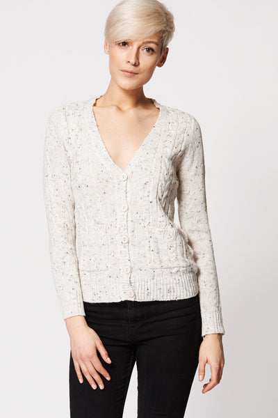 Cable Mix Knit Button Up Cardigan-Cream-L
