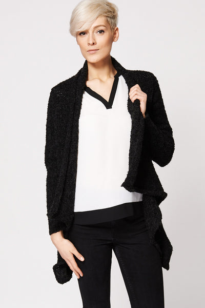 Warm Textured Waterfall Open Cardigan-Black-M