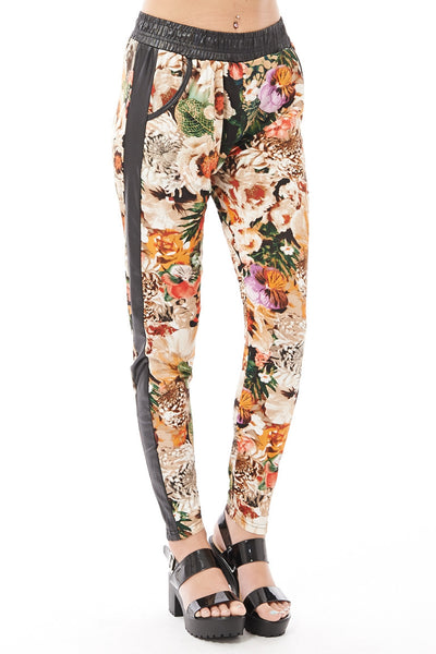 Loose Fitting Floral Trousers with Wet Look Detail-Black-L/XL - UK (12-14)