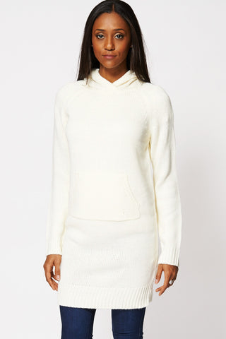 Cream Kangaroo Pocket Knitted Dress With Hood-Cream-XL
