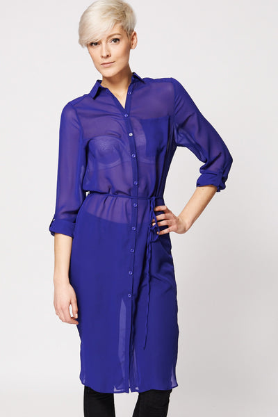 Chiffon Sheer Button Up Tunic Top In Royal Blue-Blue -16